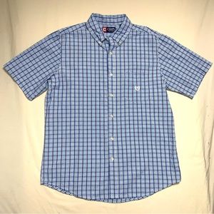 CHAPS Shirt Men's Medium Blue Plaid Preppy Cotton Short Sleeve Button Up Casual